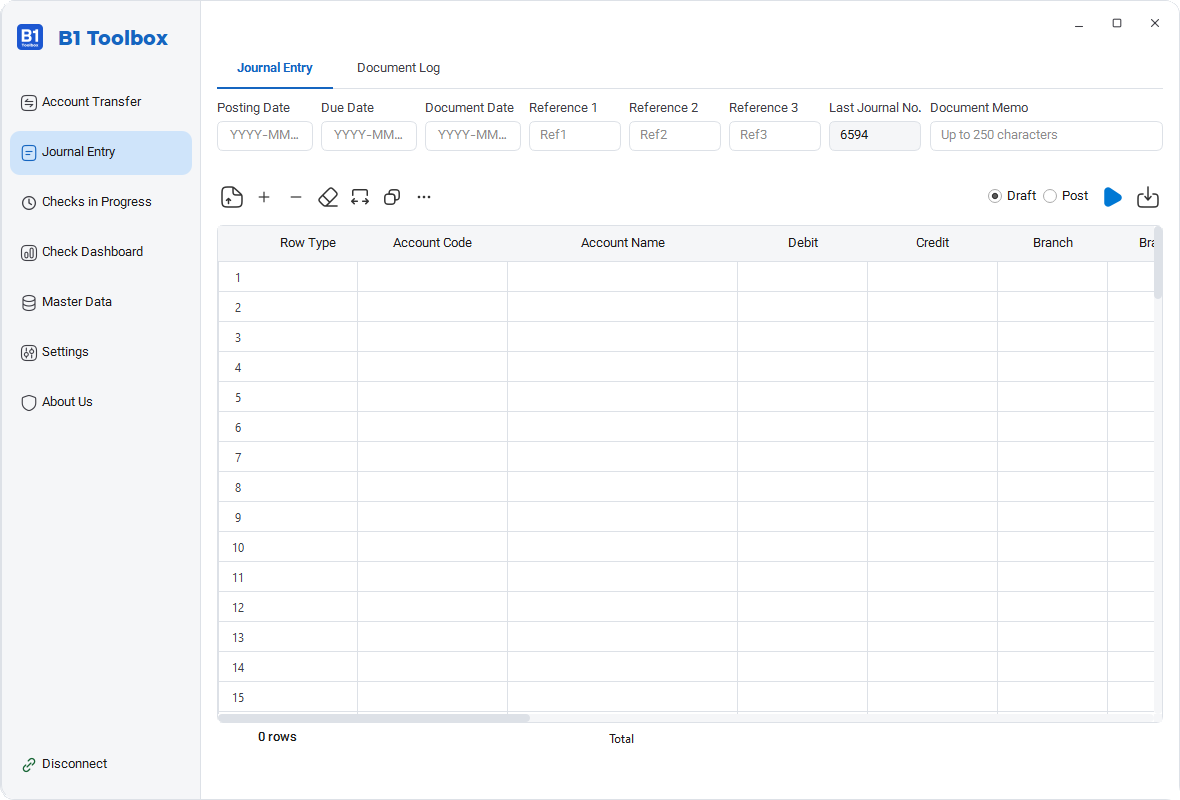 B1 Toolbox: journal entry screen with account, debit and credit lines