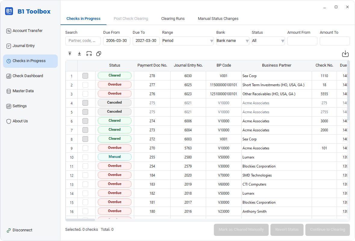 B1 Toolbox: Checks for Payment list with cleared, overdue and canceled statuses