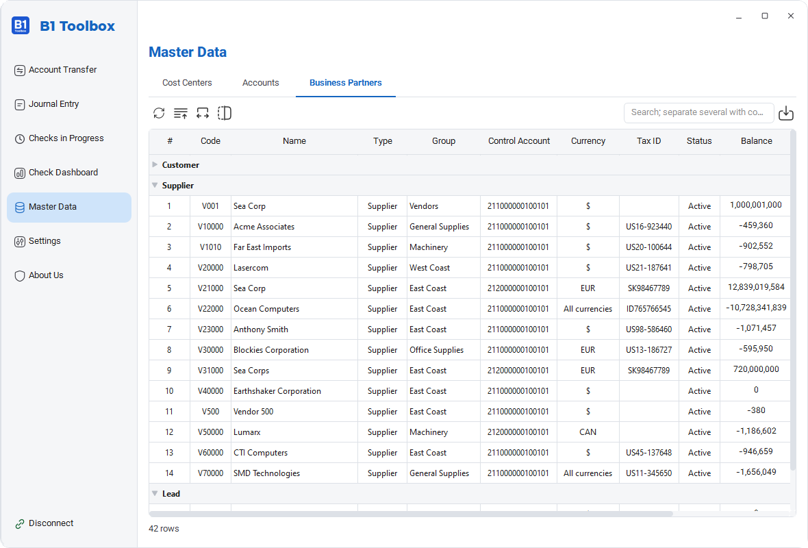 B1 Toolbox: master data, business partner list with group, currency and balance