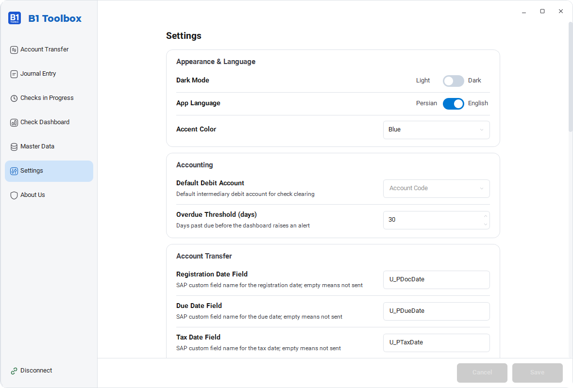 B1 Toolbox: appearance, accounts and Jalali date field settings