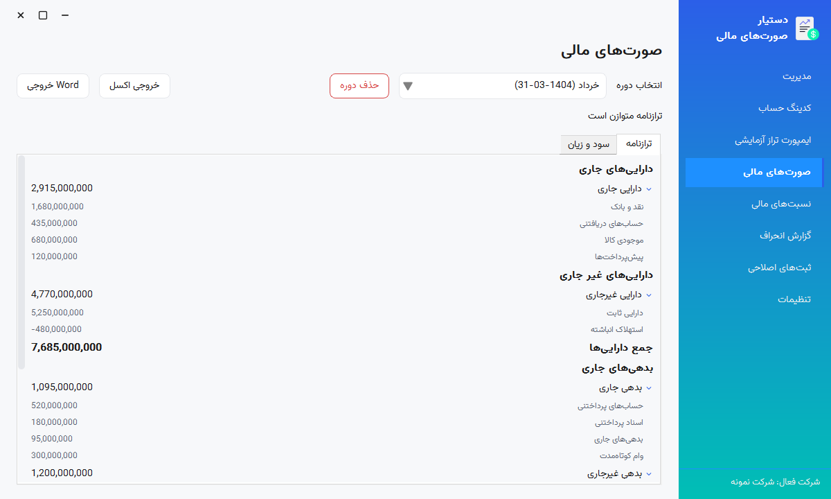 دستیار صورت‌های مالی: ترازنامه با گروه‌های قابل جمع‌شدن